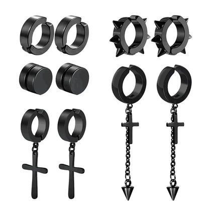 1-5 pairs of fashionable men's punk cross pendants stainless steel earless magnet earrings set