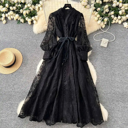 Luxury Embroidery Formal Dresses Women Summer Autumn Lantern Long Sleeve Lace Vestidos Pearl Prom Evening Birthday Dress Party