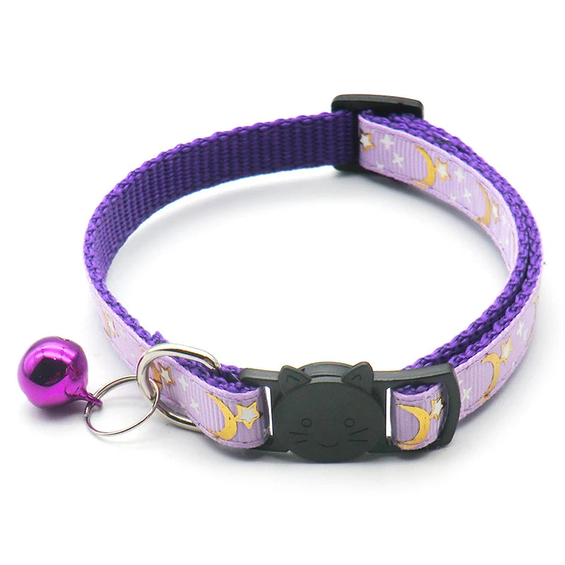 New Gold Stars and Moon Cat Collar with Reflective Safety Buckle and Bell Adjustable Cats And Small Dogs Collars