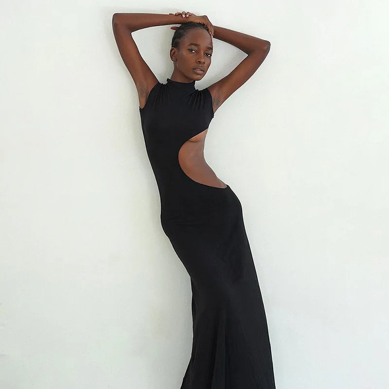 Cryptographic Sexy Cut Out Maxi Dress Outfits for Women Elegant Club Party Bodycon Sleeveless Tank Dresses Vestido Summer Chic