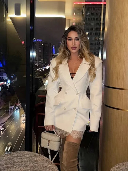 Chic Waist Cinching Women Mini Dress Fashion Full Sleeve Deep V-neck Double Breasted Short Dresses Lady Daily Party Street Gown