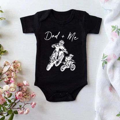 "Dad + Me" Cartoon Motorcycle Print Short Sleeve Newborn Baby Bodysuit Toddler & Infant Boy's Onesie for Summer Clothing