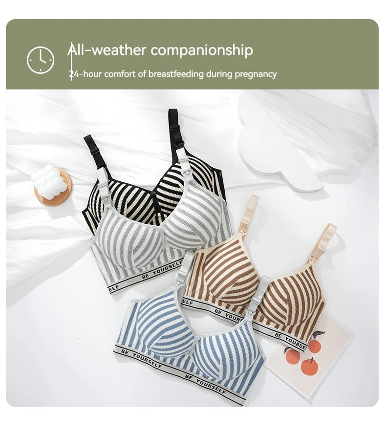 New Lightweight Breathable Maternity Breastfeeding Bra Made of Pure Cotton Gathered Anti Sagging Letter Stripe Women's Underwear