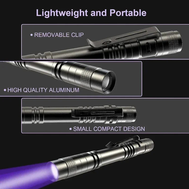 1/2PCS UV Flashlight 395nm Ultraviolet Torch With Pen Clip Portable Use AAA Batteries Light Pet Urine Scorpion Detector UV Lamp