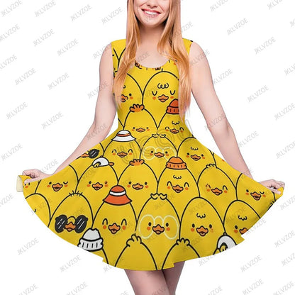 Summer New Fashion Yellow Classic Ducks Graphic Women Sleeveless Dress Kawaii Animal Aesthetic Dresses Female Kawaii Dress