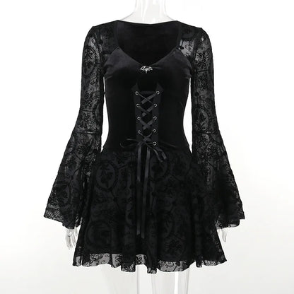 Goth Dark Elegant Vintage Mall Gothic Velvet Dresses Grunge Punk Style Flocked Bandage Dress Women Flare Sleeve Party Alt Outfit