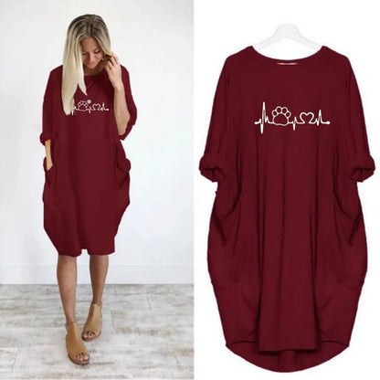 Women's Loose  Long Sleeved Summer Plus Size Dress Autumn  Winter Casual Round Neck Solid Color Long Sleeve Pocket Loose Pullove