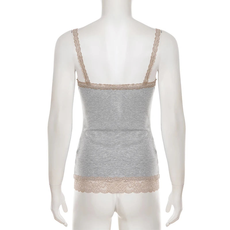 SUCHCUTE Women's Lace Trim Patchwork V Neck Camisole Y2k Casual Slim Sleeveless Tank Top All Match Basic Camis Summer Clothes