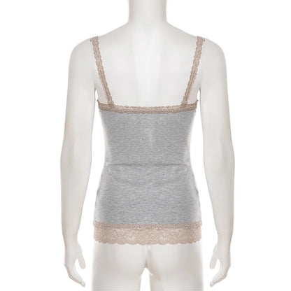 SUCHCUTE Women's Lace Trim Patchwork V Neck Camisole Y2k Casual Slim Sleeveless Tank Top All Match Basic Camis Summer Clothes