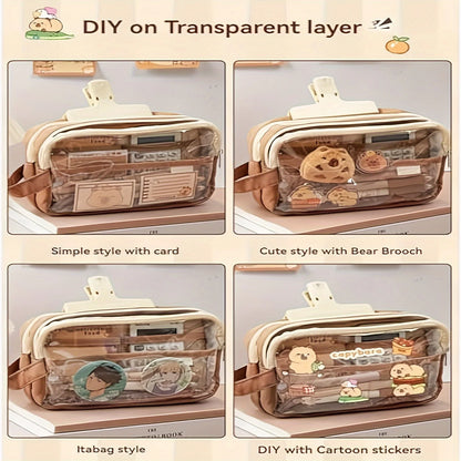 Cute Capybara Pencil Case with Lock - Aesthetic Kawaii Canvas Pouch, Clear School Supplies Organizer with Compartments, Includes