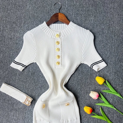 YuooMuoo 2025 Autumn Winter Women Knitted Dress Brand Fashion O-neck Buttons Bodycon Sweater Dress with Belt Lady Office Dress
