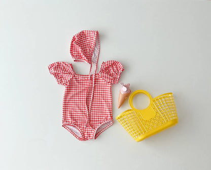 2025 Summer New Baby Girl Long Sleeve Sunscreen Swimsuit Newborn Bodysuit Toddler Girls Heart Print One Piece + Hat