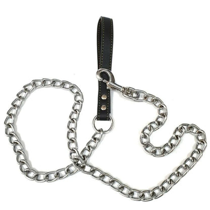 Metal Chain Dog Lead with Leather Style Handle Strong Control Leash Iron Dog Pets Supplies Collars Harnesses Chain Traction Rope