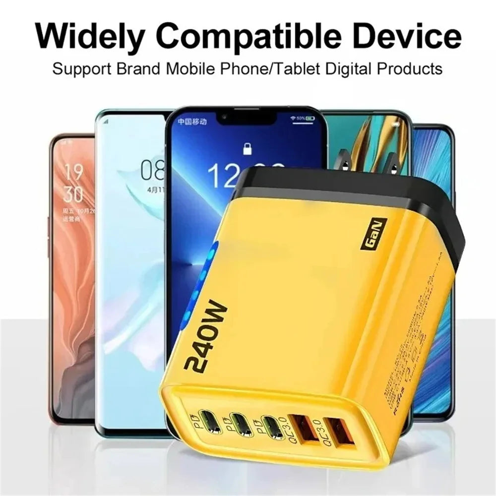5 in 1 GaN Desktop USB Phone Charger 240W PD Fast Charger For iPhone 16 15 Pro Samsung Xiaomi Type C EU US UK Plug Power Adapter