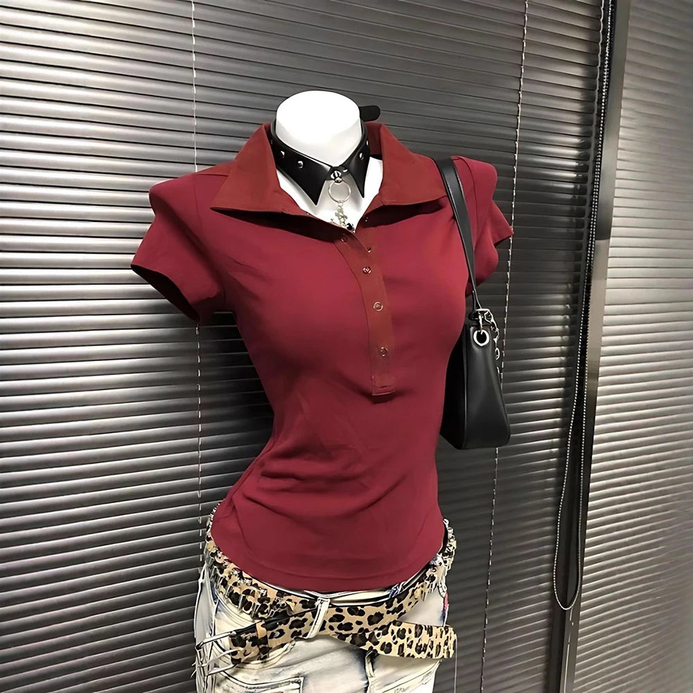 Graphic Harajuku POLO Collar Solid Short Sleeve Women's T-shirts 90s Clothes Vintage Women  Female Trashy Y2k 2000s Tops Gothic