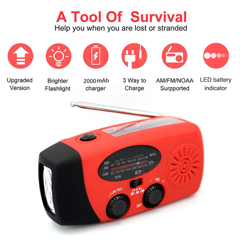 Solar Hand Crank Powered Camping Light With AM/FM Radio Outdoor 2000mAh USB Charging Multifunctional Hand Dynamo LED Flashlight