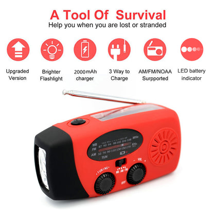 Solar Hand Crank Powered Camping Light With AM/FM Radio Outdoor 2000mAh USB Charging Multifunctional Hand Dynamo LED Flashlight