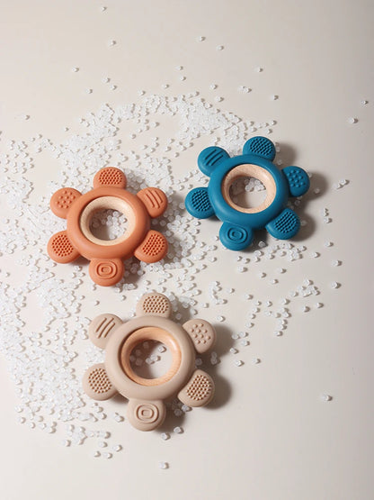 hot sale Baby wooden teether flower silicone teether Food Grade Safe Teether with wooden ring  Toy Teething gift