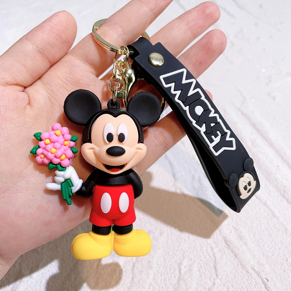 Mickey Minnie Flower Series PVC Figure Keychain Set, 6PCS Cute Cartoon Couple Key Rings with Floral Design for Bag Gift