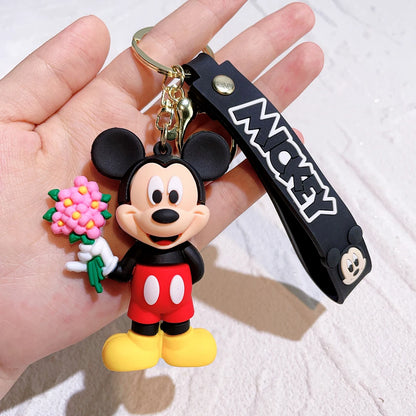Mickey Minnie Flower Series PVC Figure Keychain Set, 6PCS Cute Cartoon Couple Key Rings with Floral Design for Bag Gift