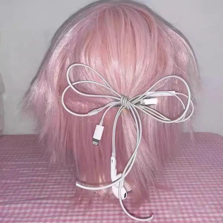  Korean Fashion Headphone Wire Bow Hair Clips - Harajuku Cute Upcycled Aesthetic Hair Pins for Girls - Trendy Hair Accessories