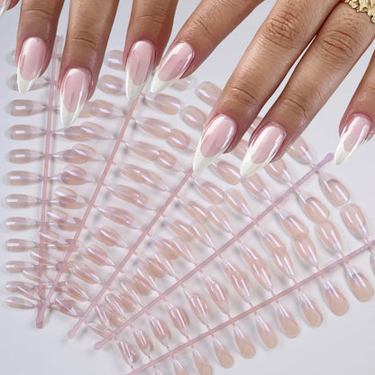 120pcs French Pearlescent Fake Nails Short Almond Full Cover Press On Nail White Edge Design 12Sizes Pink French-False Nail Tips