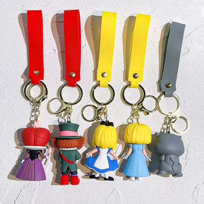 Alice in Wonderland Silicone Keychain Lovely 3D Anime Film Figure Key Chain Keyrings Backpack Bag Car Accessories Gift