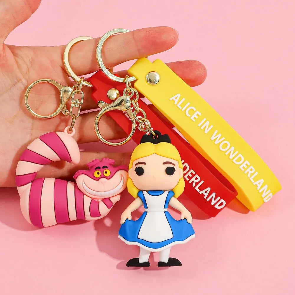 Alice in Wonderland Silicone Keychain Lovely 3D Anime Film Figure Key Chain Keyrings Backpack Bag Car Accessories Gift