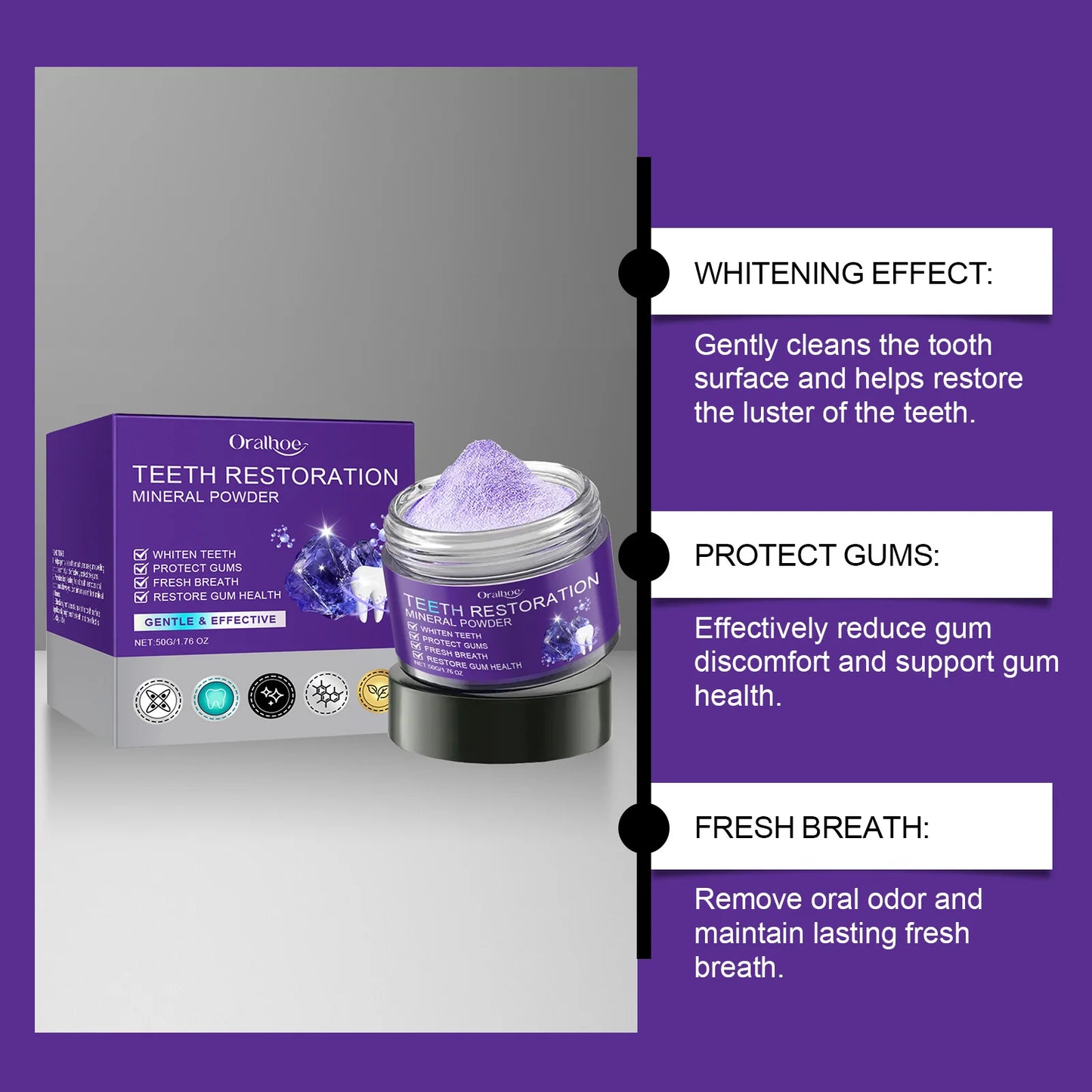 Teeth Restoration Mineral Powder Teeth Whitening Remove Stain Oral Clean Fresh Breath Improve Smell Purple Bleaching Toothpaste