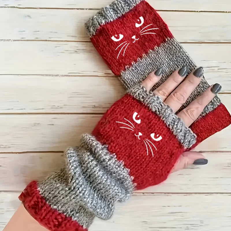 Thermal Winter Gloves Warm Cute Cat Fingerless Gloves Halloween Christmas Unisex Anti-Cold Thickened Touchscreen Mittens