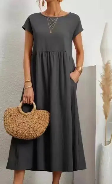 Women Vintage Solid Dress 2023 Summer Elegant O Neck Short Sleeve Cotton Linen Dresses Female Casual Loose Sundress Long Dress